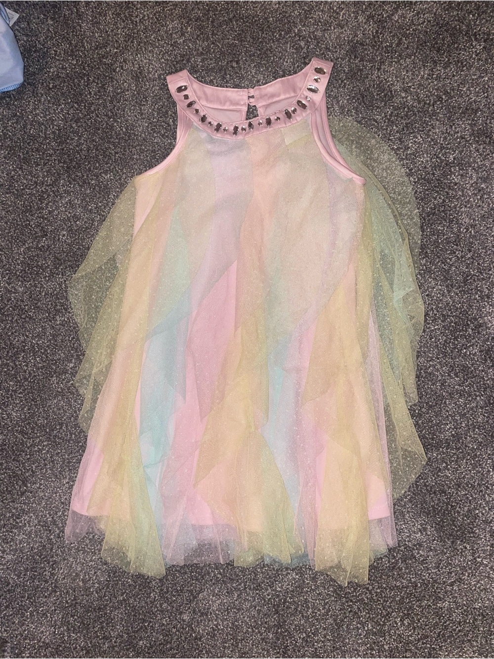 Girls Pastel Rainbow Tulle Party Dress with Jewel Neck